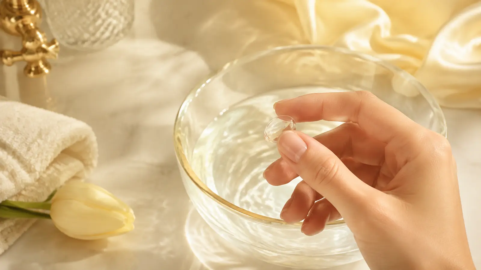 Holding a loosened short press-on above a warm-water bowl after giving the adhesive time to release.