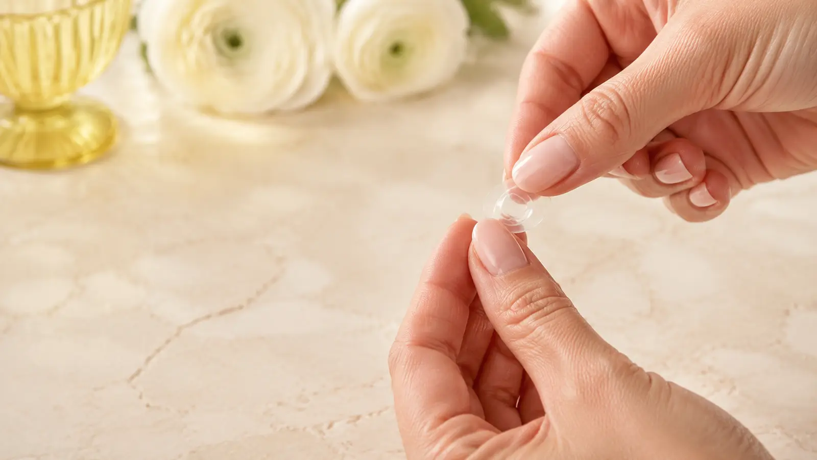 Placing a thin clear adhesive tab onto the contact area of a short press-on nail.