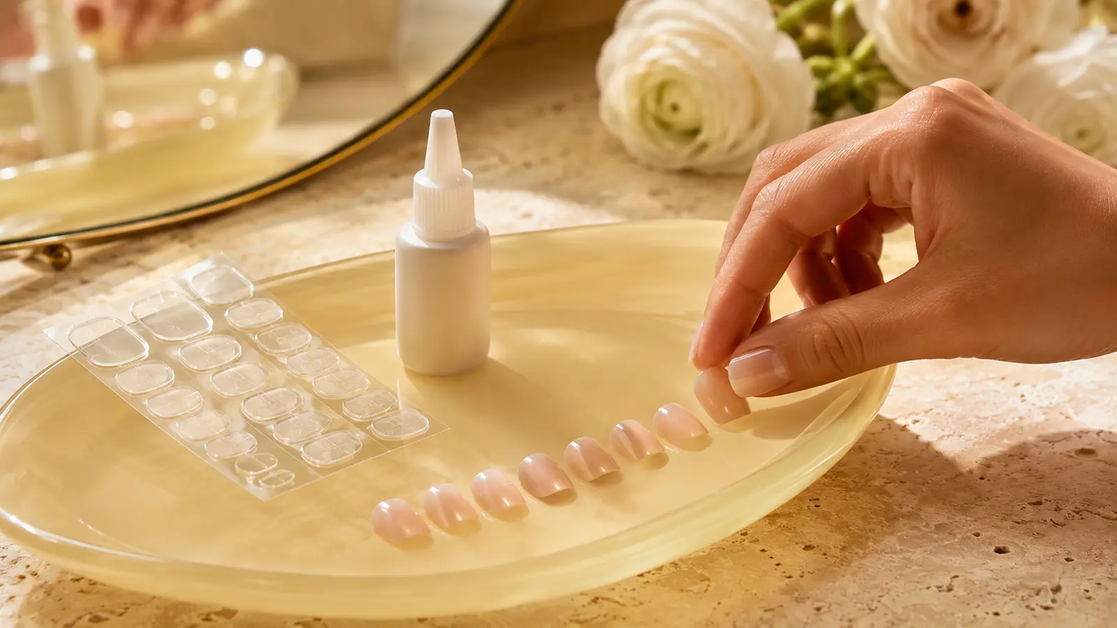 An unbranded press-on manicure set with a nail-glue bottle, clear adhesive tabs, and nude press-on nails on a lemon-yellow tray.