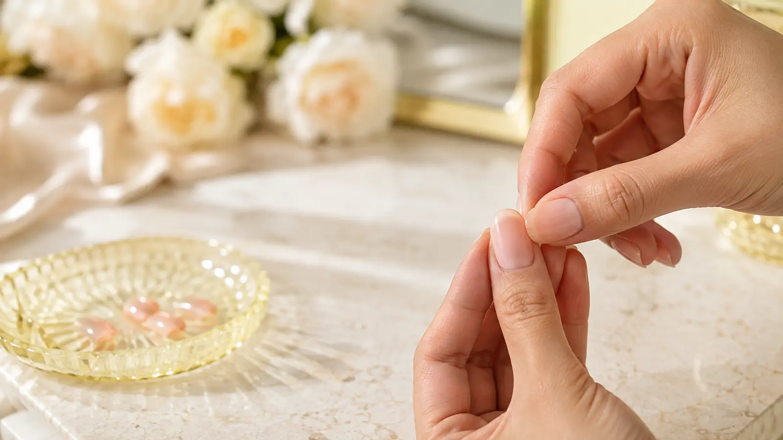 An elegant close-up of checking that a short pale peach press-on is aligned near the cuticle while remaining on the nail plate.