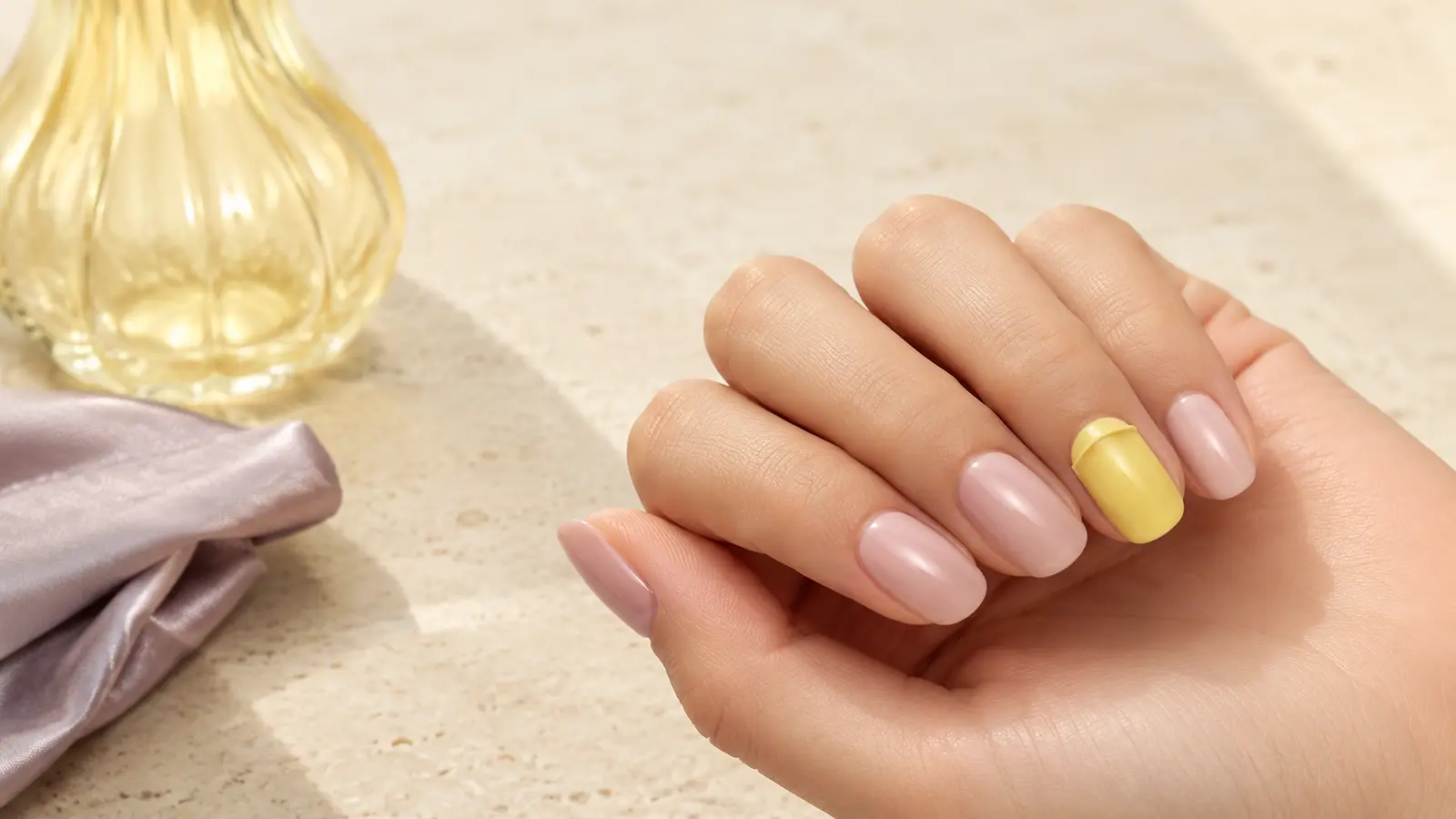 A short butter-yellow press-on with a small visible lift along one outer sidewall on an otherwise polished manicure.