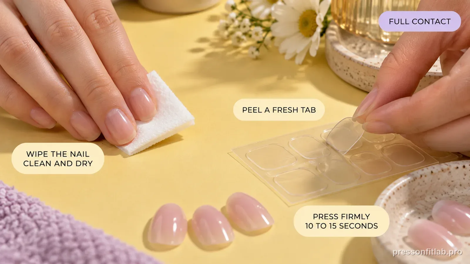 A natural nail being wiped with a lint-free prep pad while a fresh adhesive tab liner is peeled beside it, labelled to wipe the nail clean and dry and press firmly ten to fifteen seconds.