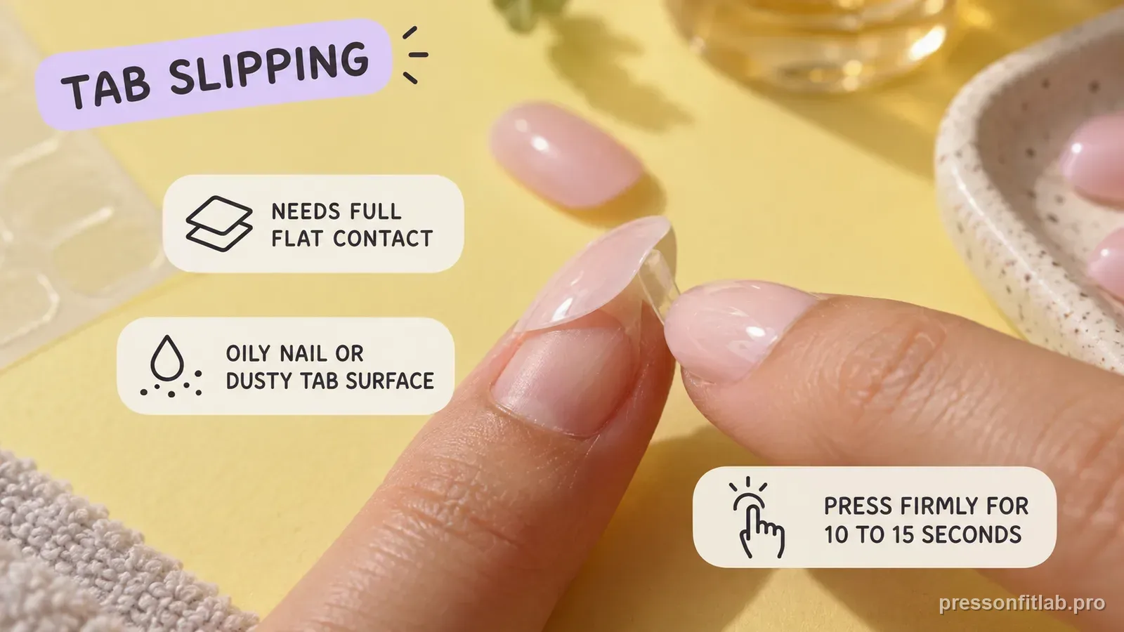 A clear adhesive tab peeling up at one corner of a press-on nail, labelled needs full flat contact and to press firmly for ten to fifteen seconds.