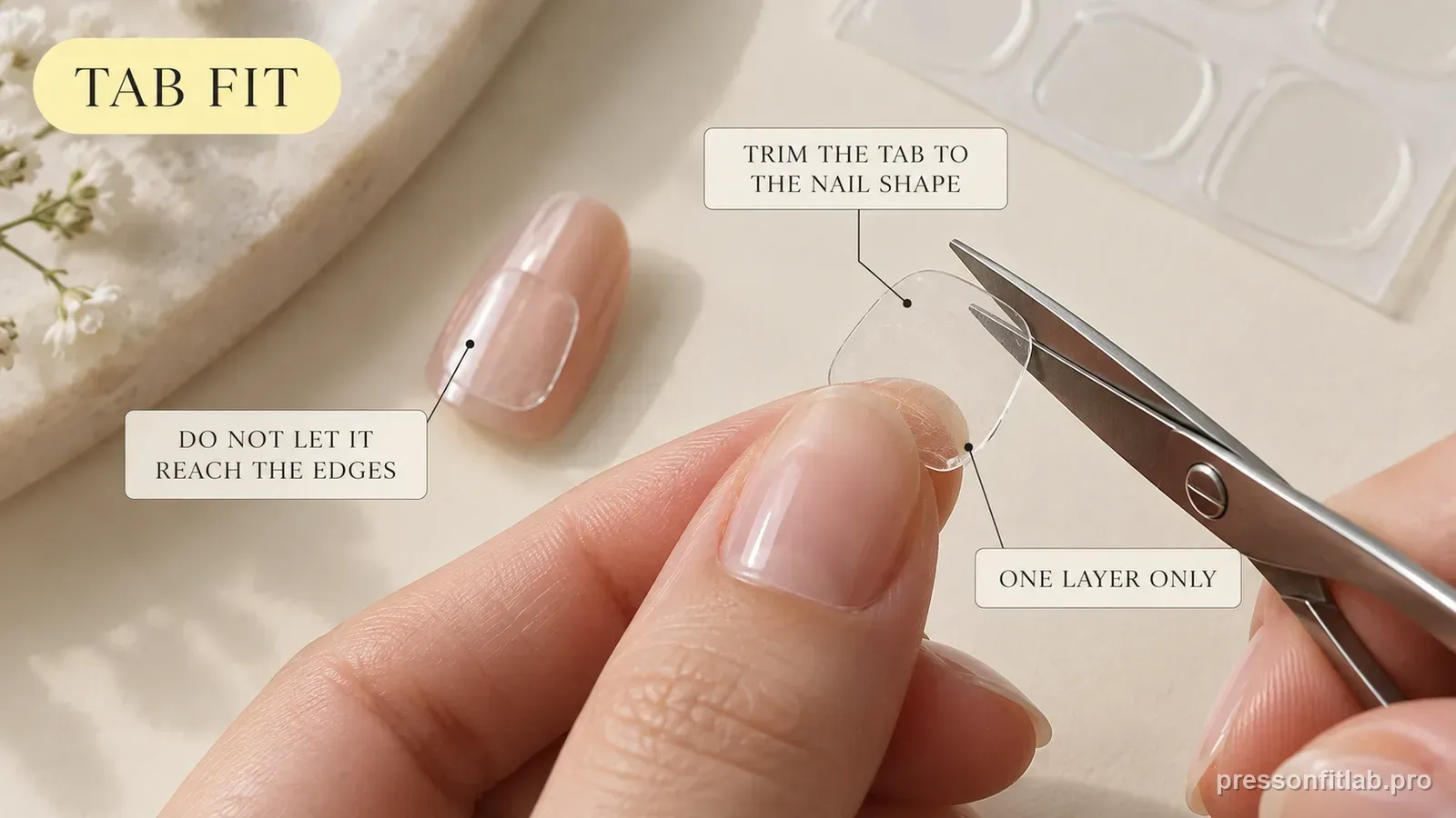 Small scissors trimming a clear adhesive tab to follow the outline of a natural nail with a trimmed tab already on a press-on, labelled to trim the tab to the nail shape and use one layer only.