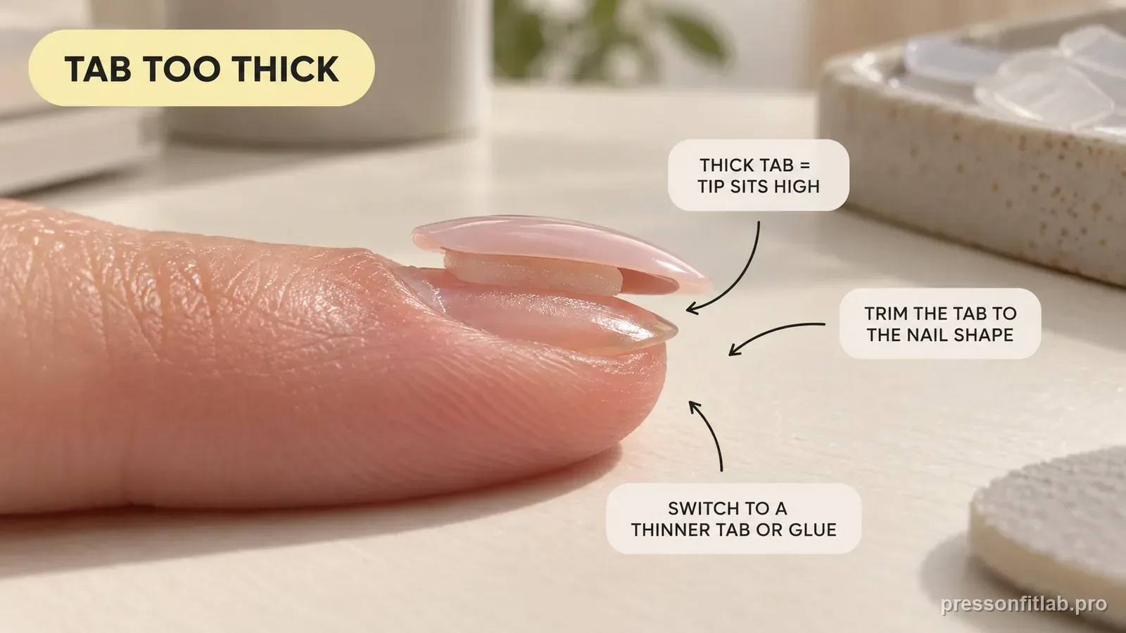 A press-on sitting high off a natural nail on a thick adhesive tab with a shadow gap underneath, labelled thick tab means the tip sits high and to trim or switch to a thinner tab.