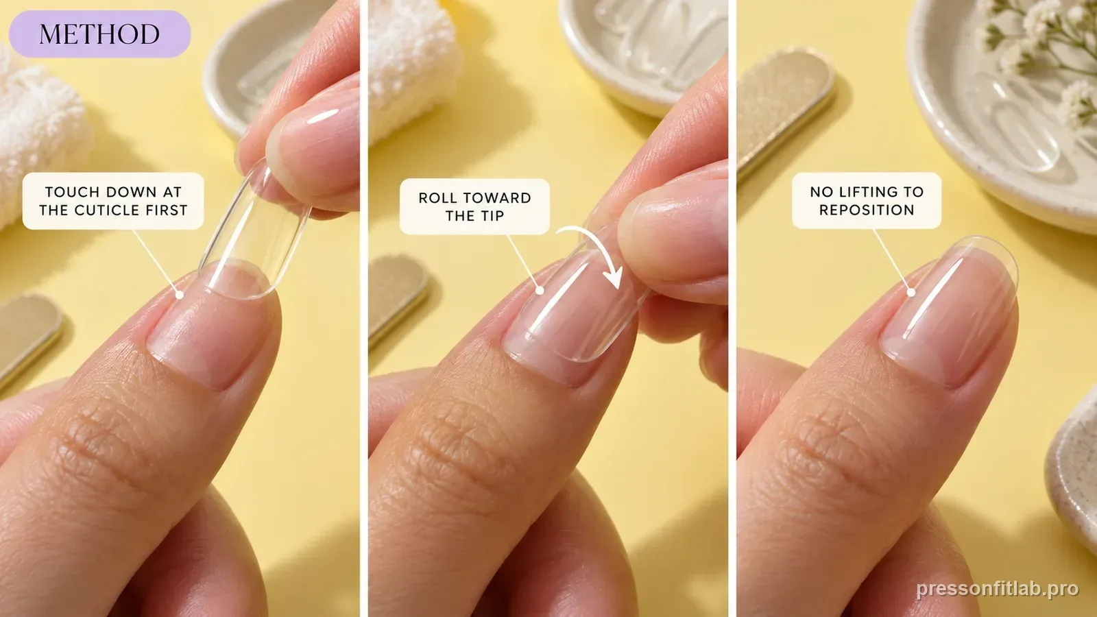 A clear press-on being set cuticle-edge-first then rolled down onto the nail with a curved motion arrow, labelled to touch down at the cuticle first and roll toward the tip.