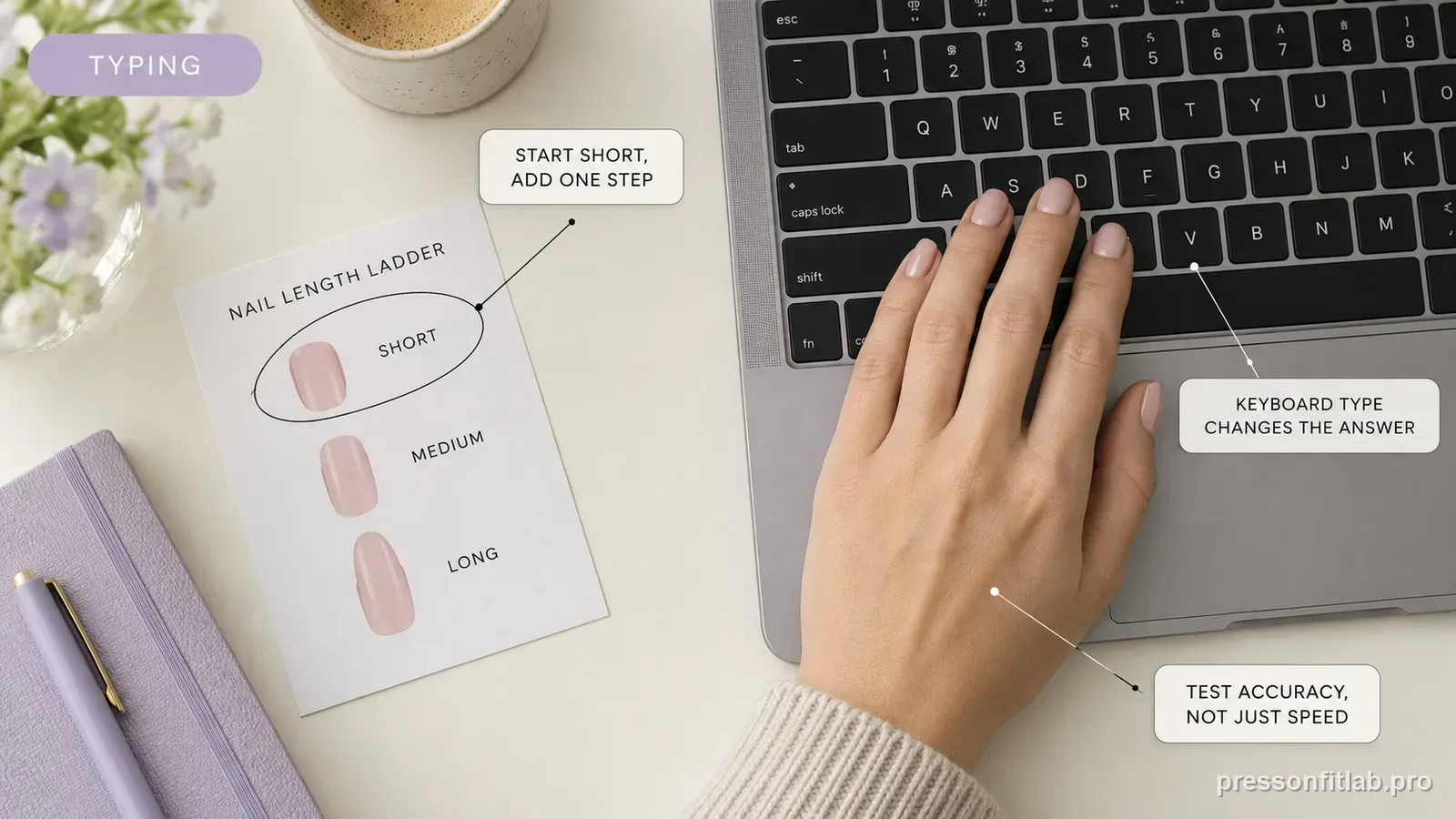 Annotated press-on fit diagram for: Best Press-On Nail Length for Typing.