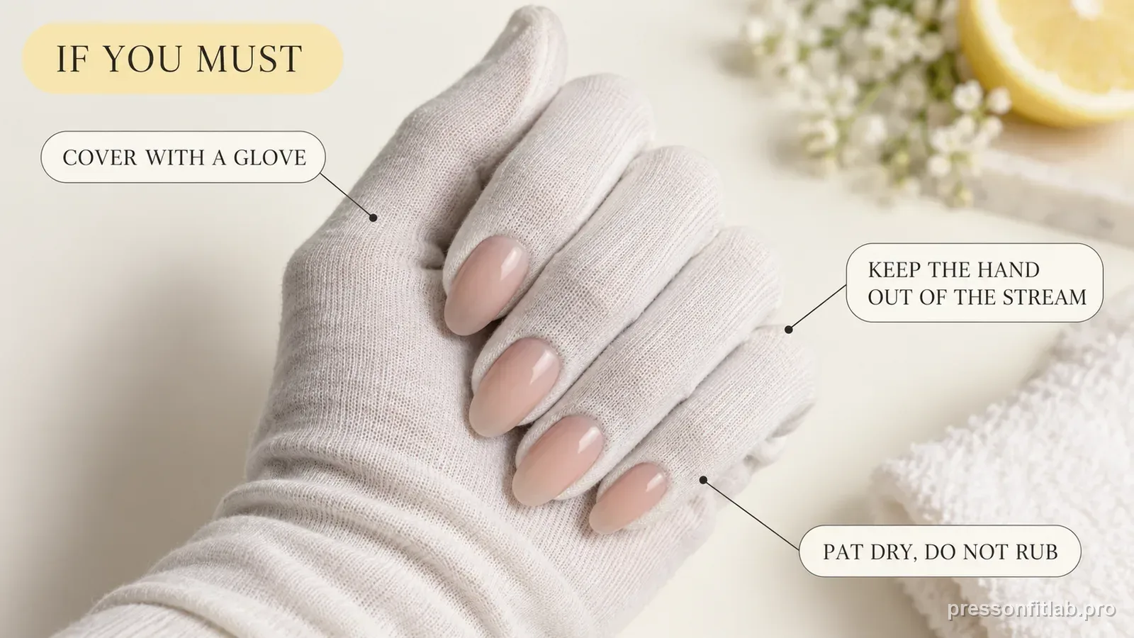 A hand wearing a light cotton glove over fresh press-on nails, labelled to cover with a glove, keep the hand out of the stream and pat dry.