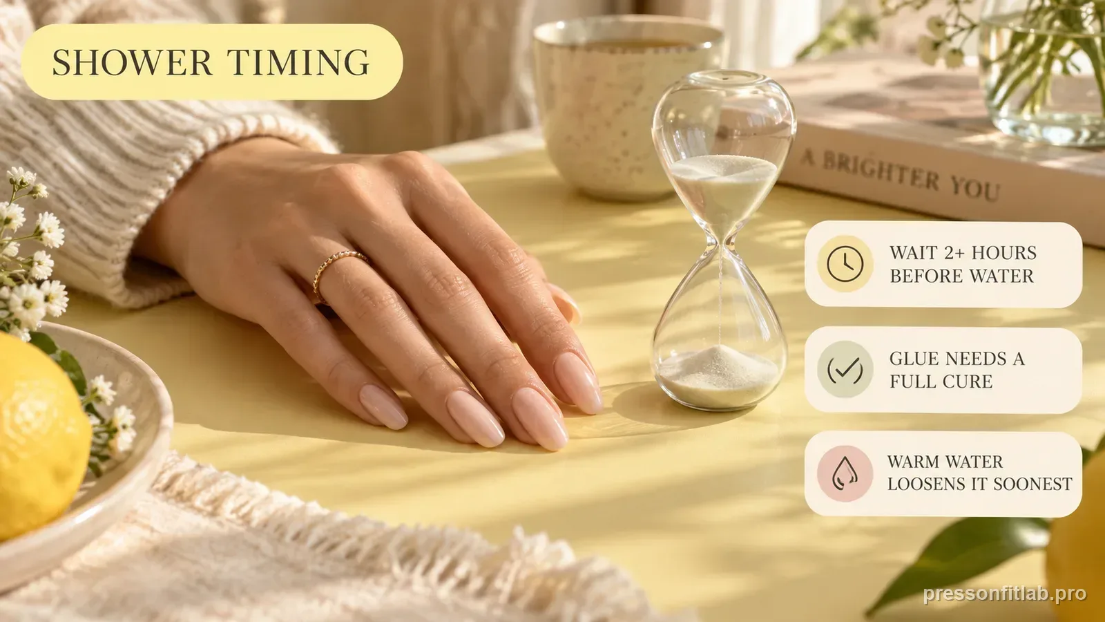 A hand with fresh nude press-on nails beside a small hourglass on a pastel-lemon surface, labelled to wait two or more hours before water.