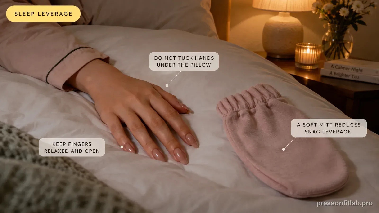 Step detail illustration: Protect long nails from sleep-time leverage.