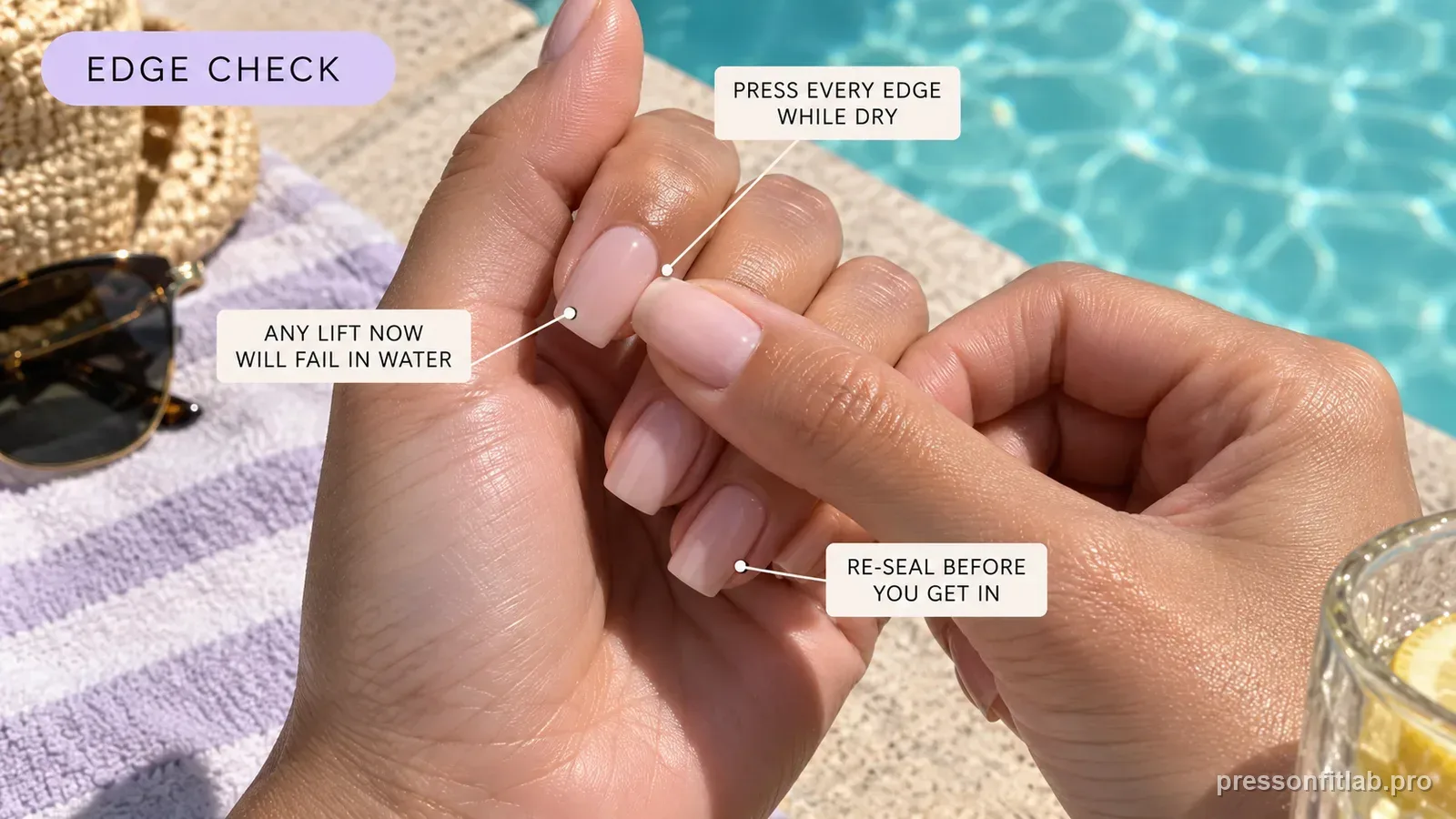 A fingertip pressing along the cuticle edge of each press-on nail poolside while the hands are still dry, labelled press every edge while dry and re-seal before you get in.
