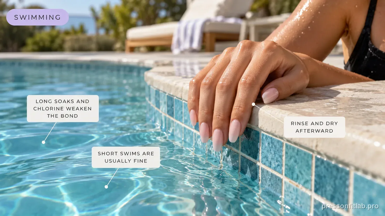 A hand with press-on nails resting on the tiled edge of a pool, labelled that long soaks and chlorine weaken the bond and to rinse and dry afterward.