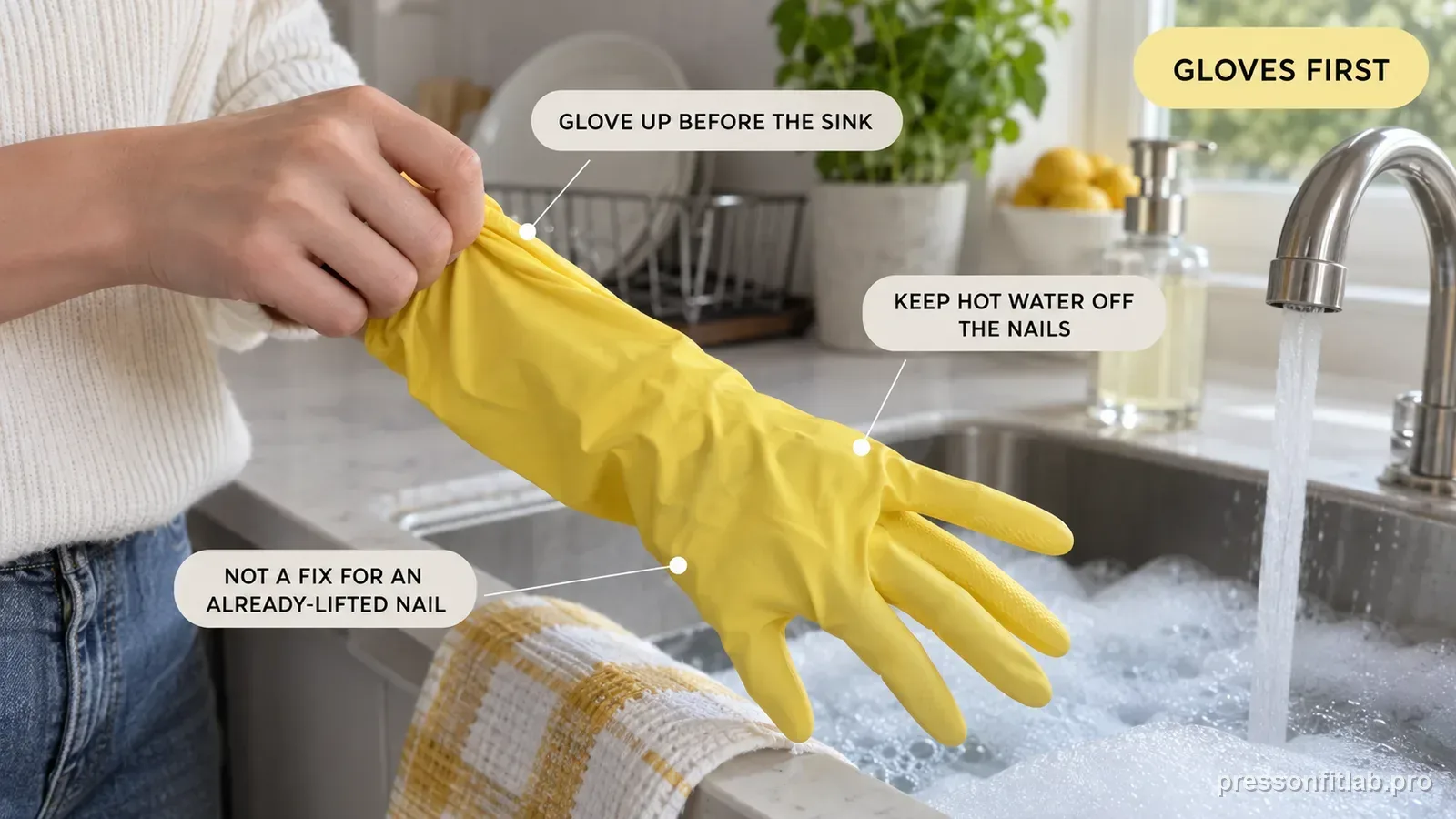 A hand pulling on a yellow rubber glove over a press-on manicure before reaching a soapy sink, labelled glove up before the sink and not a fix for an already-lifted nail.