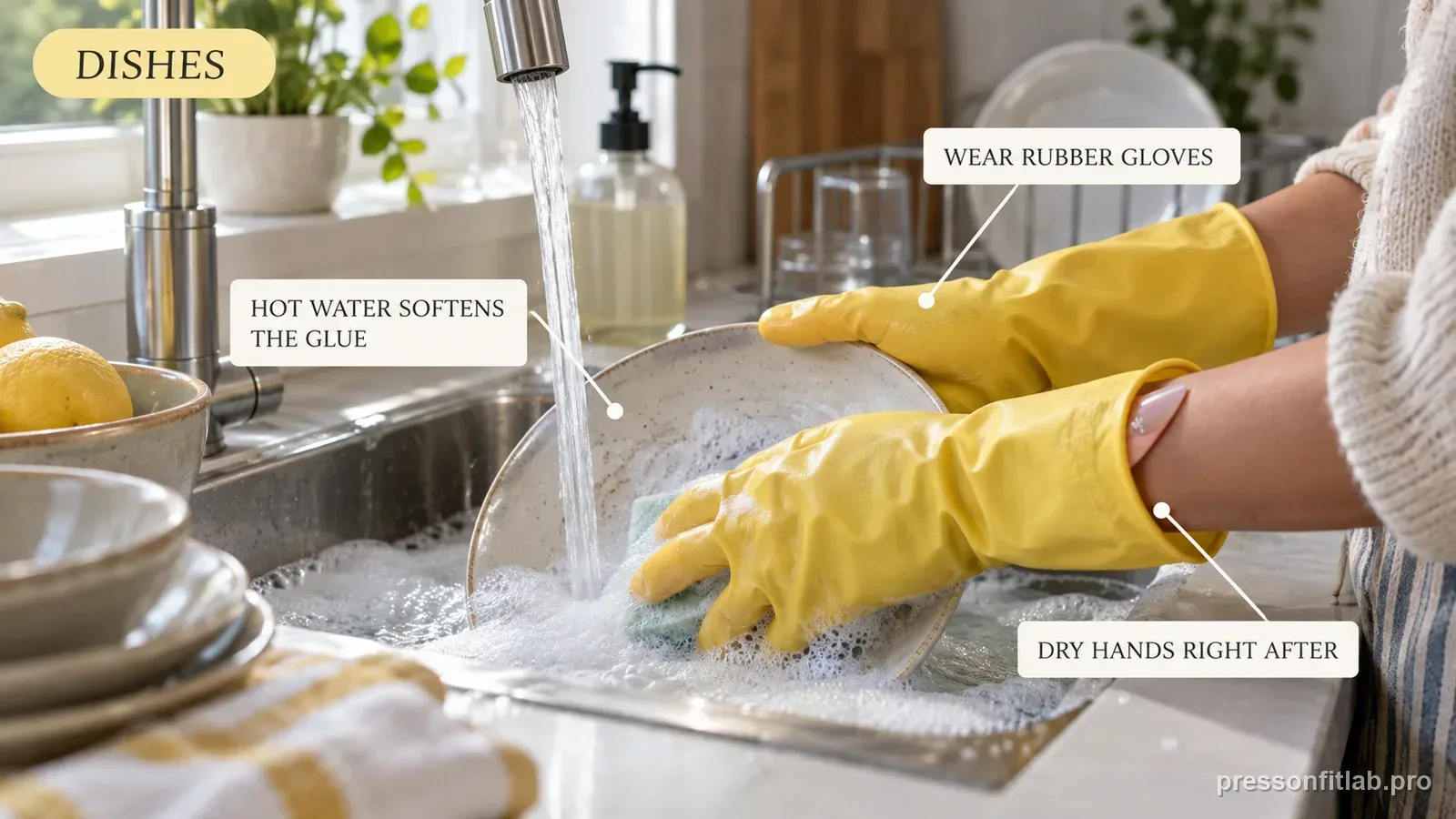 A hand in a yellow rubber glove at a soapy kitchen sink with a press-on manicure at the wrist cuff, labelled to wear rubber gloves and keep hot water off the nails.