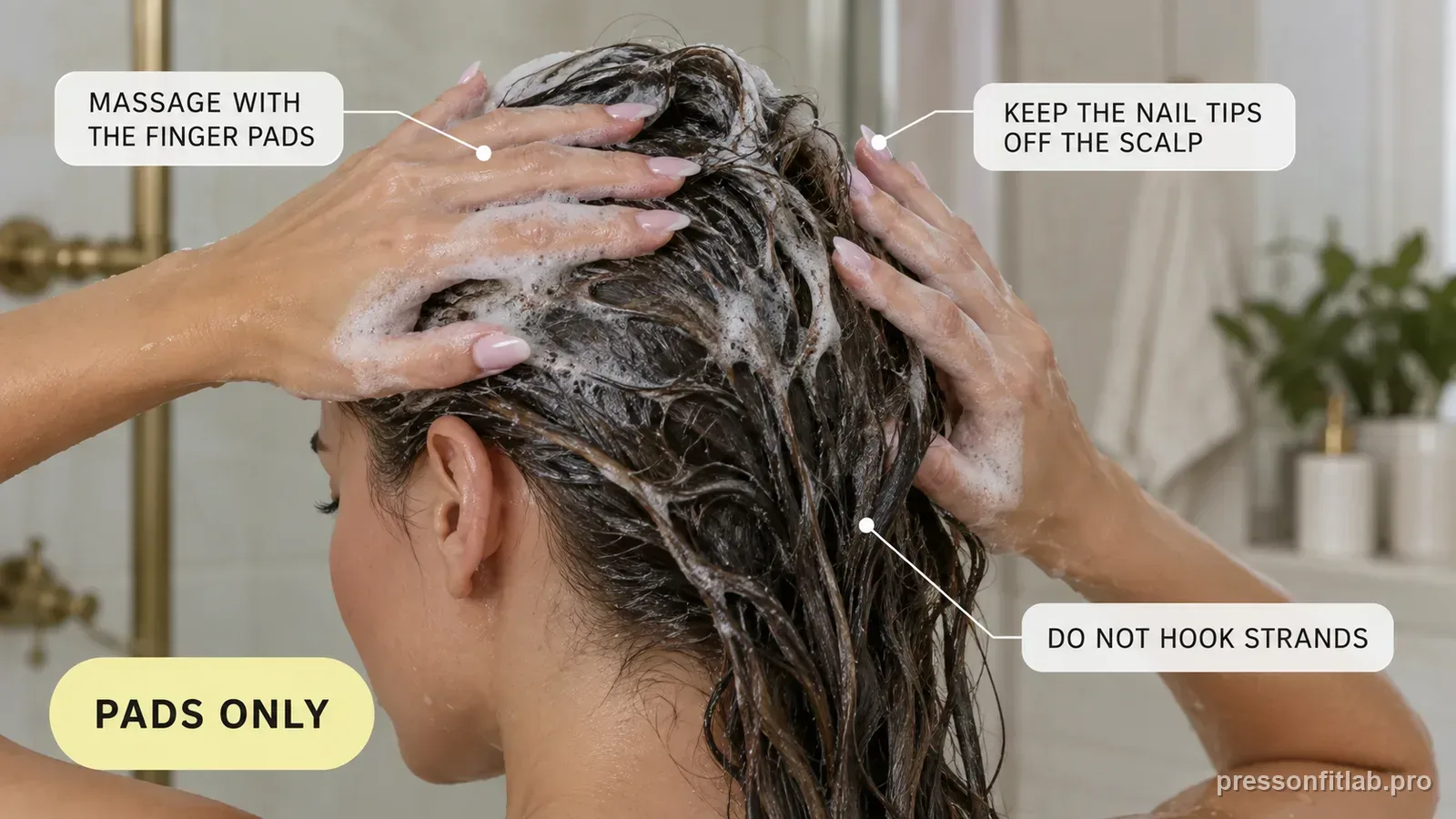 A hand massaging shampoo into the scalp using the flat finger pads with the press-on tips angled up and away from the hair, labelled massage with the finger pads and do not hook strands.