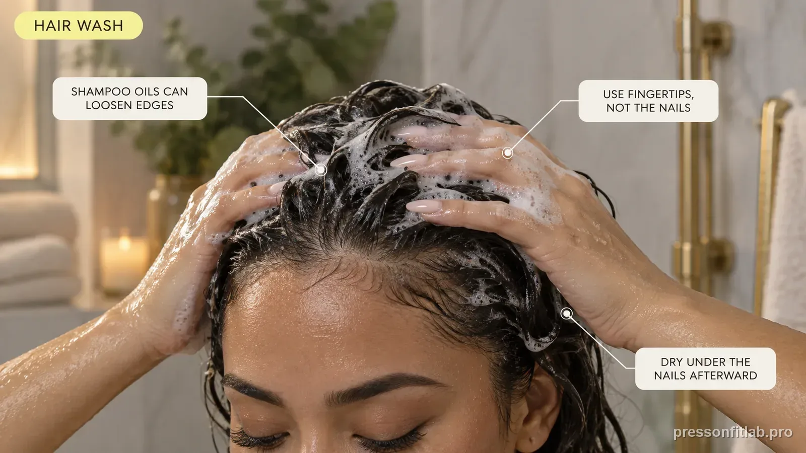 A hand with press-on nails working shampoo through hair with the fingertips, labelled that shampoo oils can loosen edges and to use the fingertips not the nails.