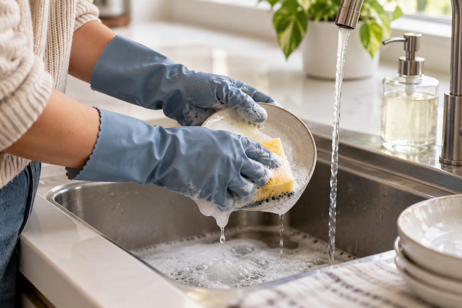 Household dishwashing gloves protect a short press-on manicure during a sink task.