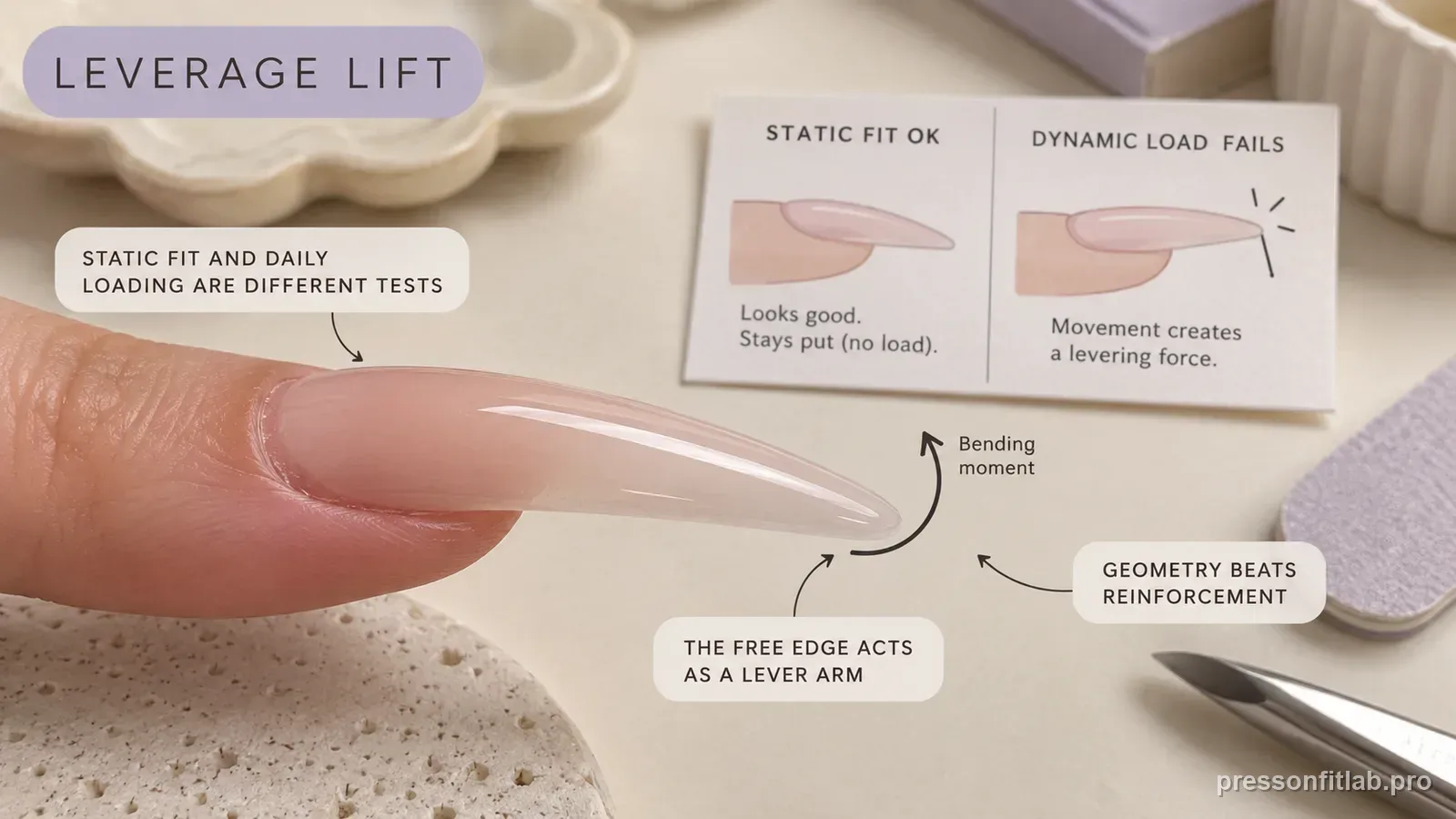 Annotated press-on fit diagram for: Why Extra-Long Press-On Nails Lift Even When the Fit Looks Correct.
