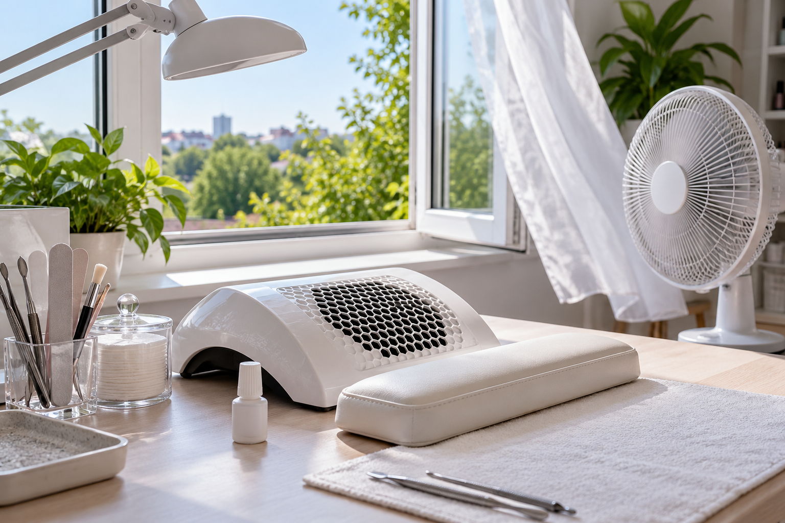 A capped nail-glue bottle on a ventilated manicure desk beside an open window.