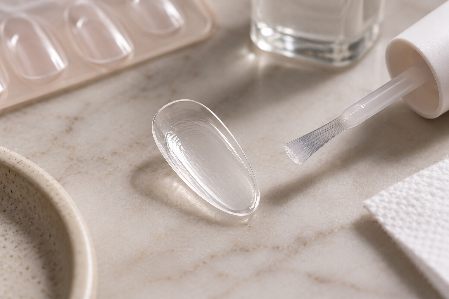 A thin, even layer of unbranded nail adhesive on the underside of a clear press-on tip.
