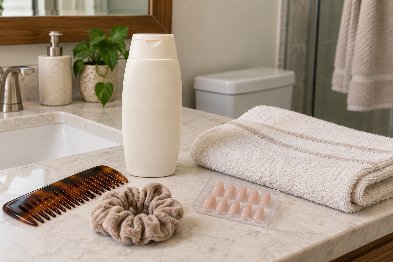 A simple hair-washing setup with comb, towel, and short press-on nails nearby.