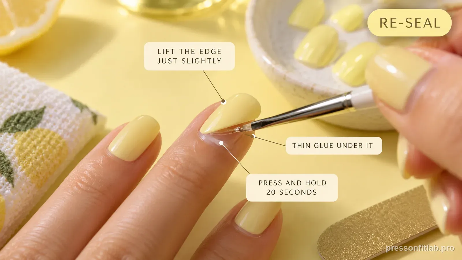 A fine brush applying a thin line of glue under the lifted edge of a butter-yellow press-on then a fingertip holding it flat, labelled to lift the edge slightly, thin glue under it and hold twenty seconds.
