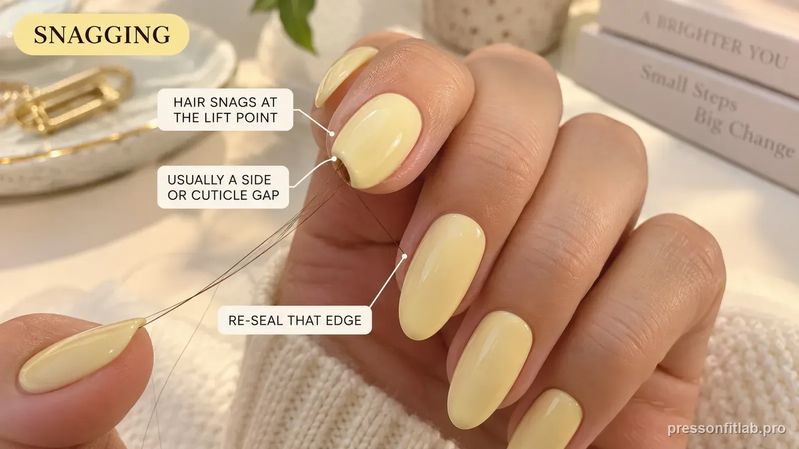 A hand with butter-yellow press-on nails where a strand of hair is caught at one nail edge, labelled that hair snags at the lift point.