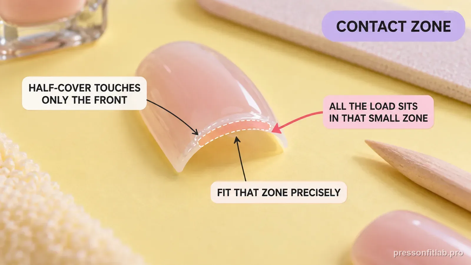 Step detail illustration: Partial tips concentrate fit at the contact zone.