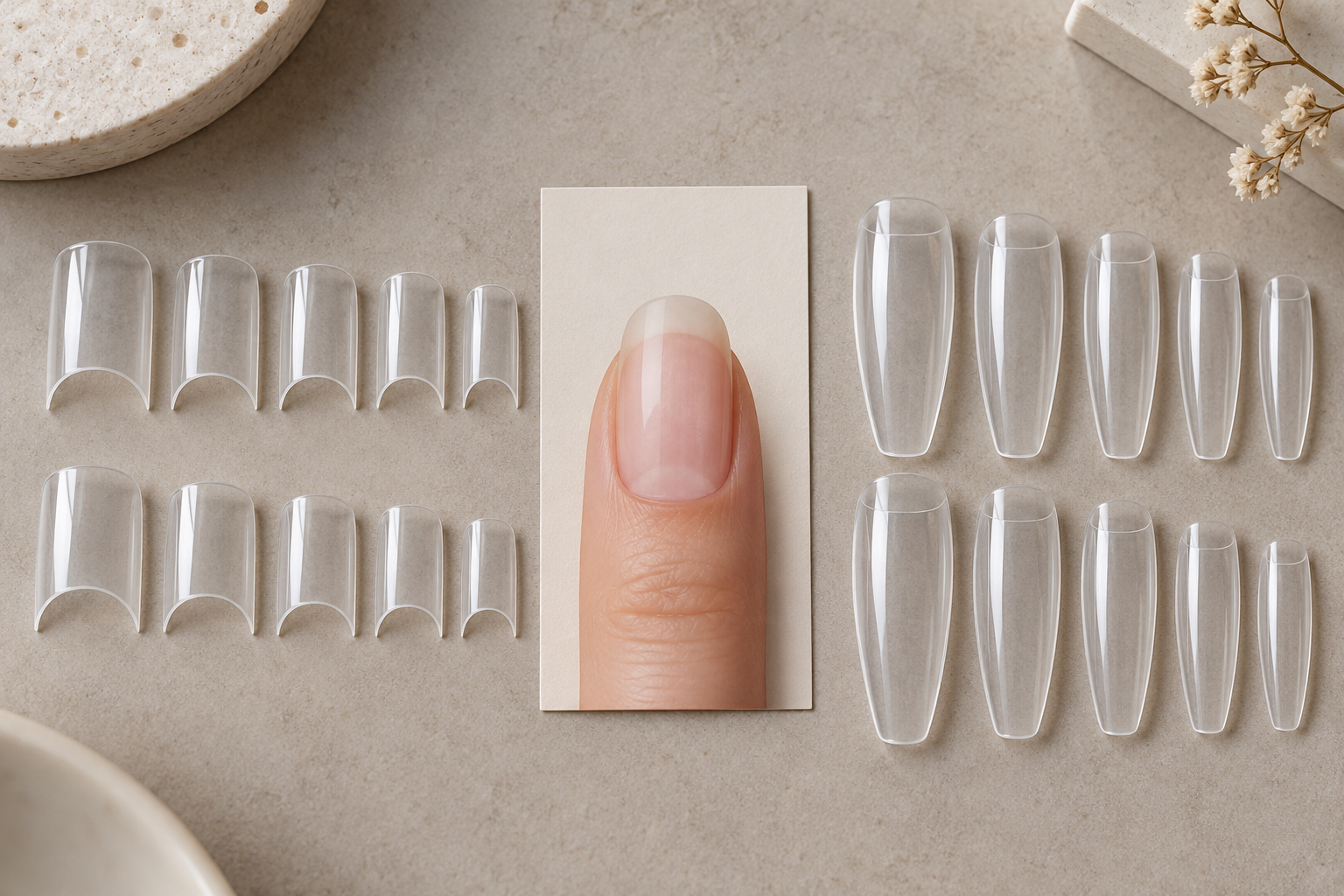 Unbranded half-cover and full-cover tips shown side by side to compare how much of a natural nail each covers.