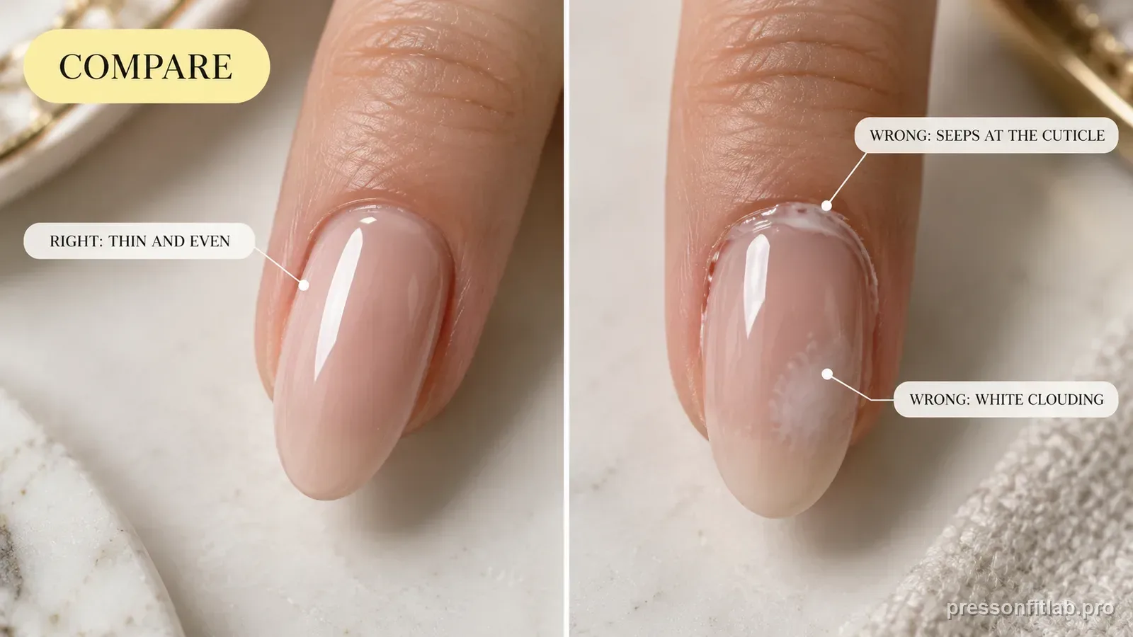 A macro comparison of a press-on with a clean thin glue layer beside one with glue seeping around the cuticle and a cloudy patch, labelled right versus wrong.