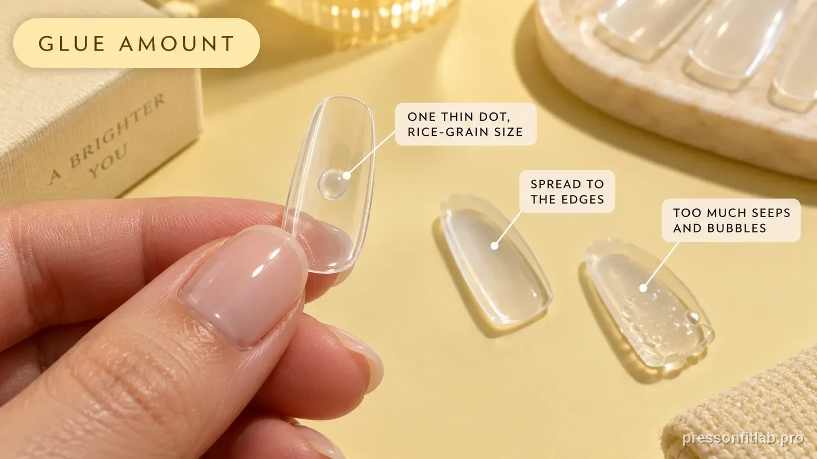 The underside of a clear press-on tip with a single rice-grain dot of nail glue, labelled to keep the layer thin and spread to the edges.