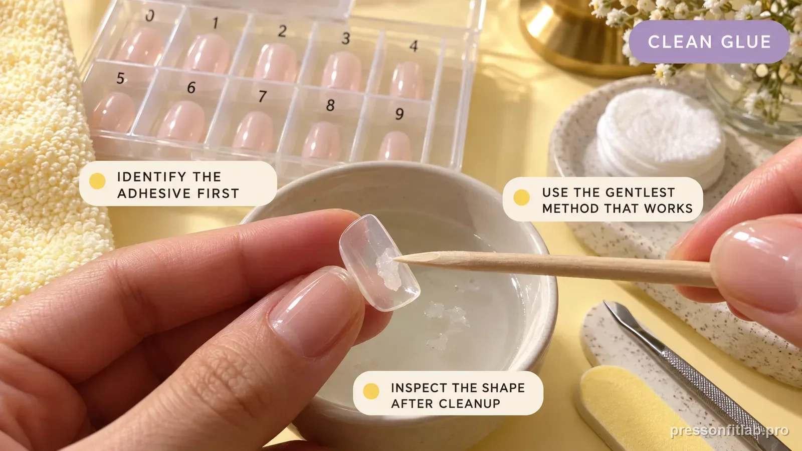 Annotated press-on fit diagram for: How to Clean Glue Off Reusable Press-On Nails.