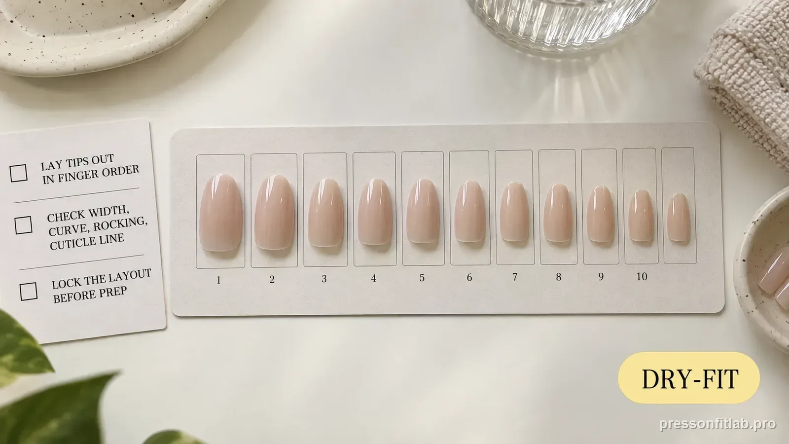 Annotated press-on fit diagram for: How to Dry-Fit Press-On Nails Before Glue or Tabs.