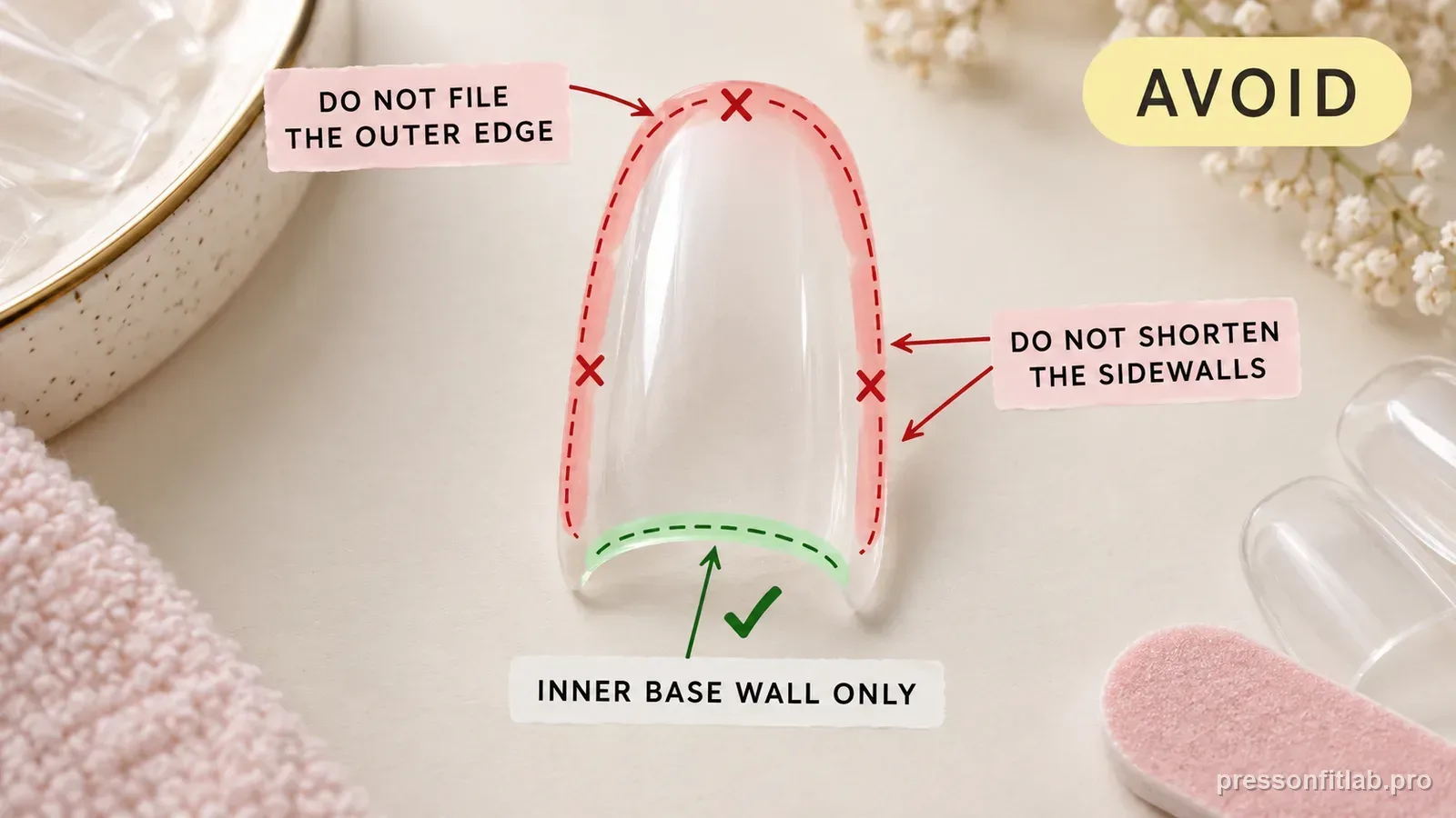 A clear press-on tip with a shaded no-go zone marked along its outer perimeter and an ok zone along the inner base wall, labelled do not file the outer edge, inner base wall only.