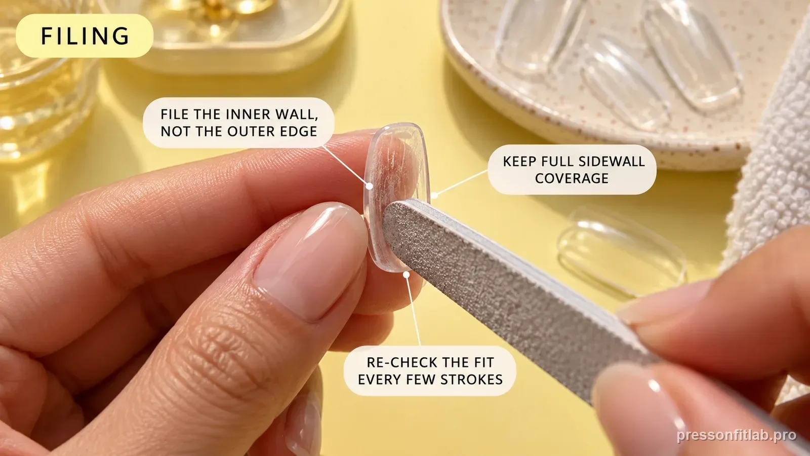 A hand filing the inner wall of a clear press-on tip with a fine file, labelled to file the inner wall not the outer edge and keep full sidewall coverage.