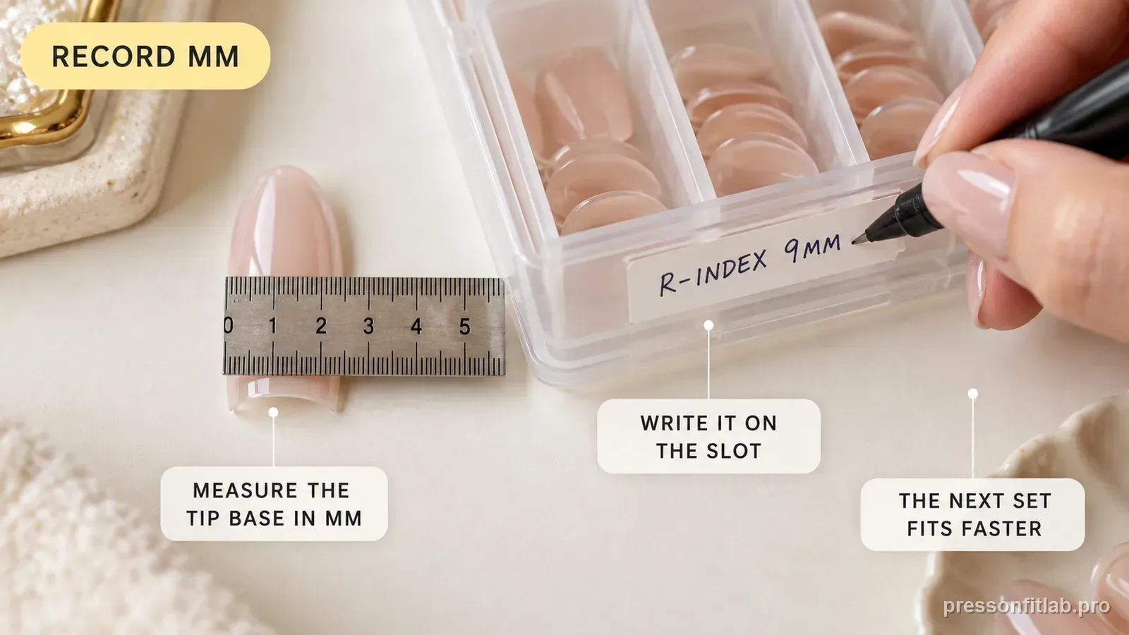 Step detail illustration: Record millimeters beside the stored set.