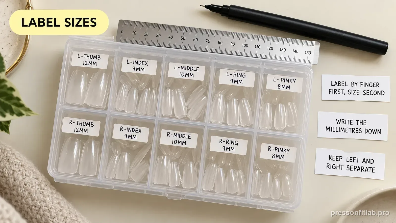 Annotated press-on fit diagram for: How to Label Reusable Press-On Nail Sizes.