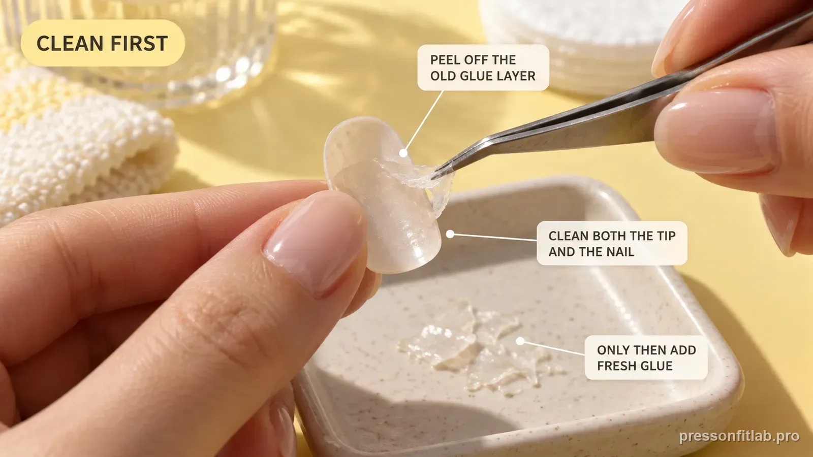 Tweezers peeling a thin layer of old dried glue from the underside of a single press-on tip over a small tray, labelled peel off the old glue layer and only then add fresh glue.