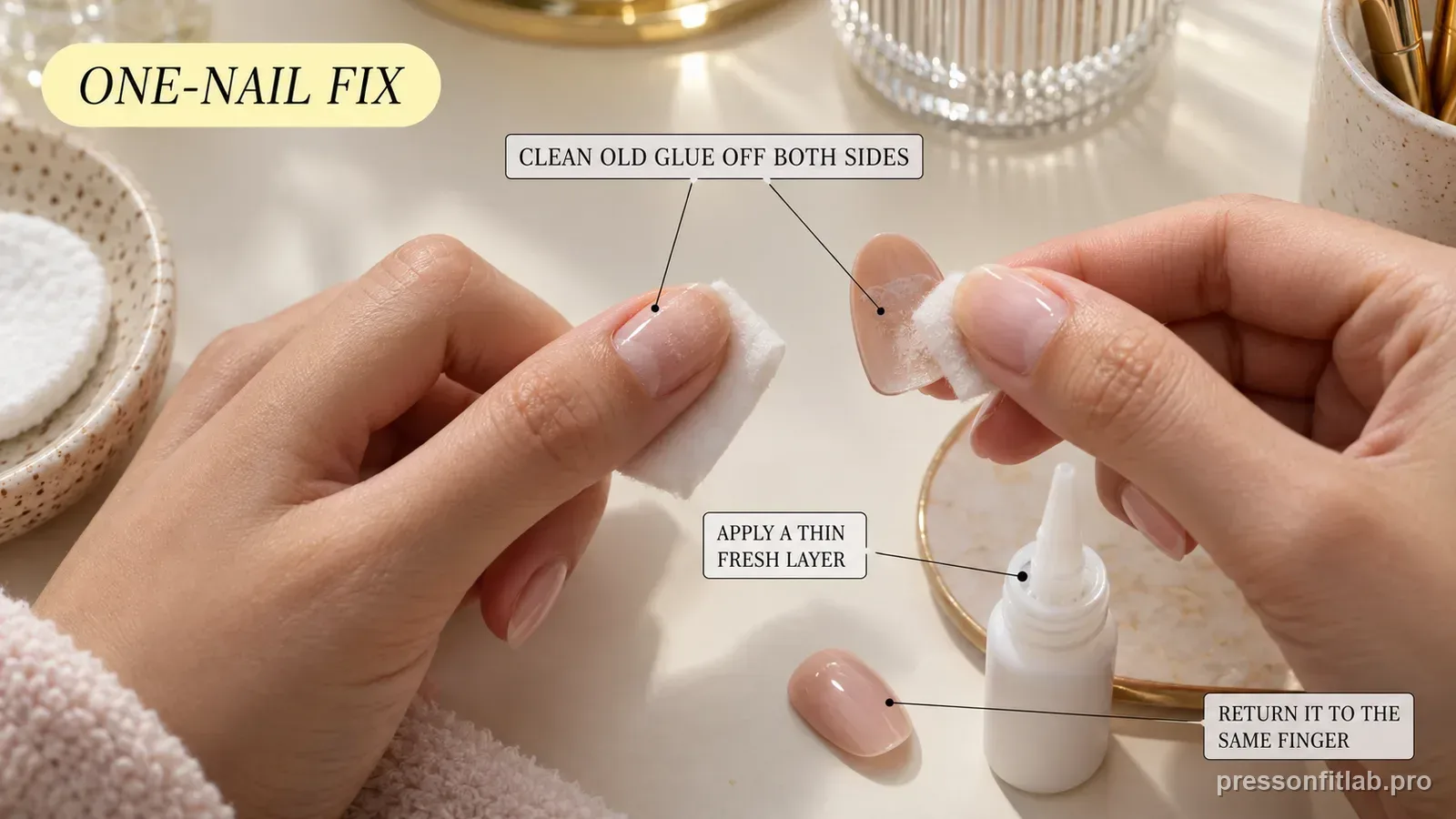 A single popped-off press-on being cleaned of old glue on both surfaces before re-applying with a glue bottle nearby, labelled to clean both sides and return it to the same finger.