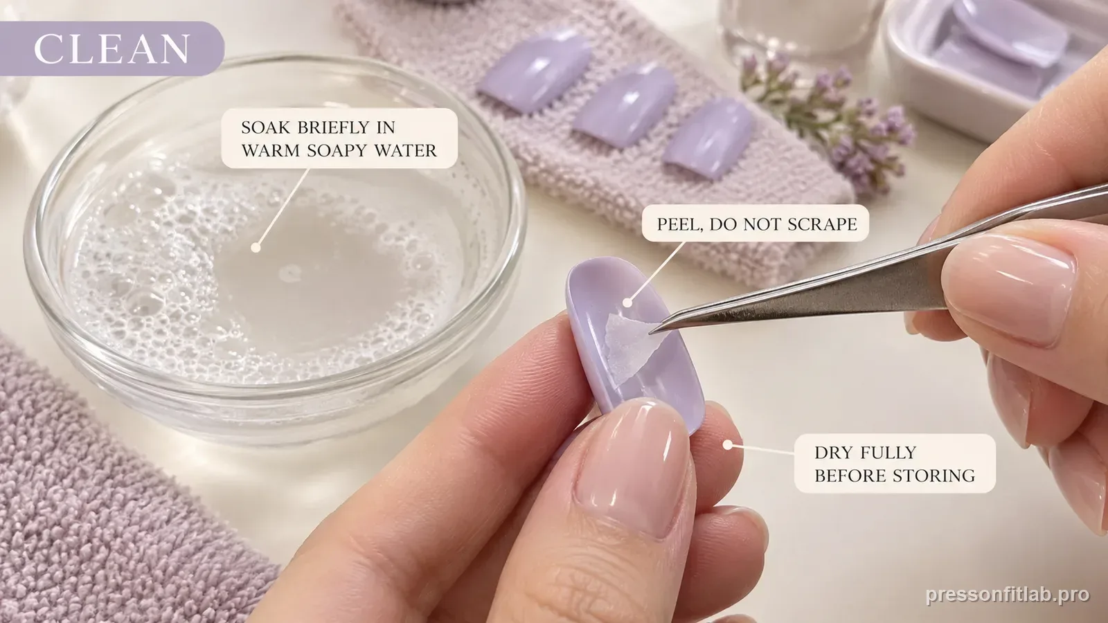 Tweezers peeling a thin skin of dried glue from inside a lavender press-on tip beside a small bowl of warm soapy water, labelled to soak briefly, peel not scrape and dry fully.