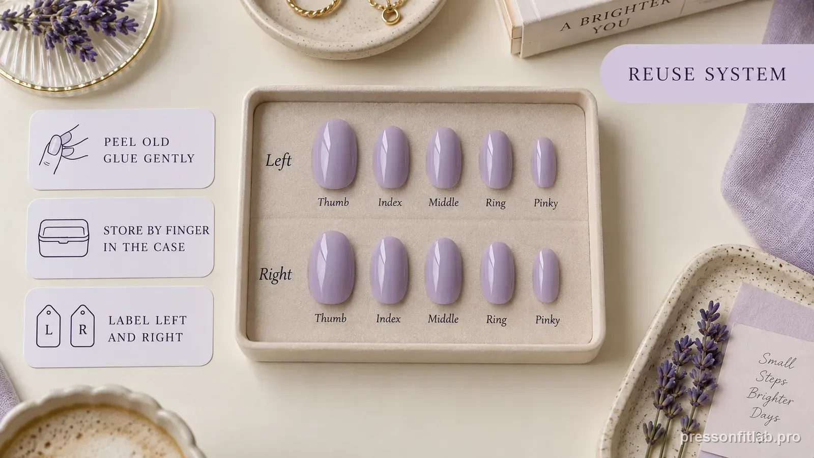 An overhead flat-lay of lavender press-on nails arranged by finger in a shallow tray, labelled to peel old glue gently and store by finger.