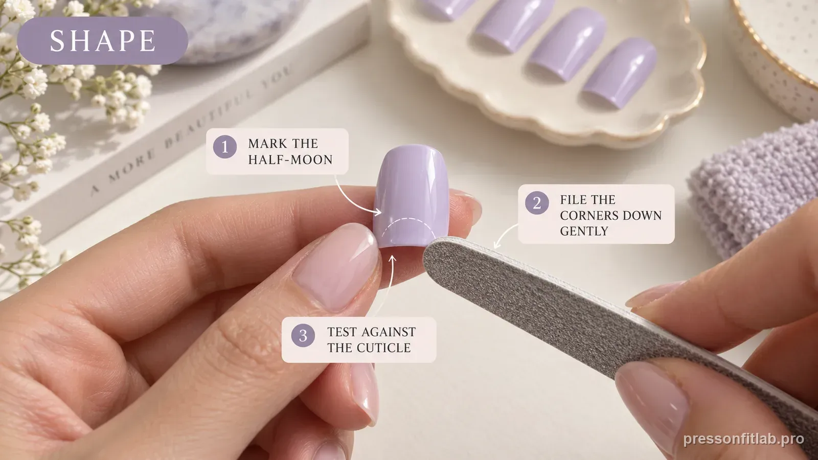 A fine file rounding the base corners of a lavender press-on tip held in the fingers with a faint dashed half-moon guide, labelled mark the half-moon and file the corners down gently.