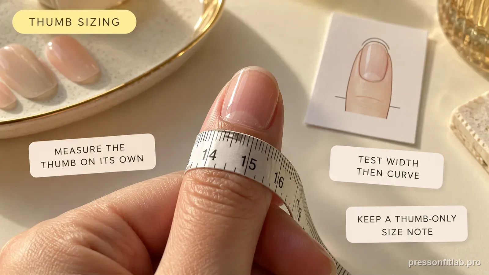 A thumbnail with a flexible measuring strip across its widest point and a size card set aside just for the thumb, labelled to test width then curve and keep a thumb-only size note.