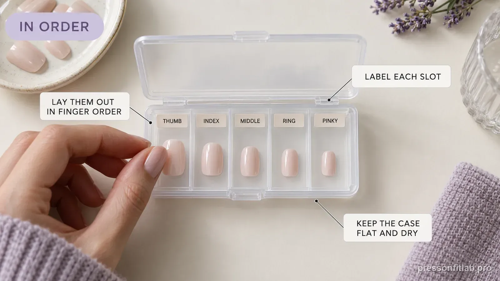 Press-on tips being placed one by one into a labelled compartment case in finger order from thumb to pinky, labelled lay them out in finger order and keep the case flat and dry.