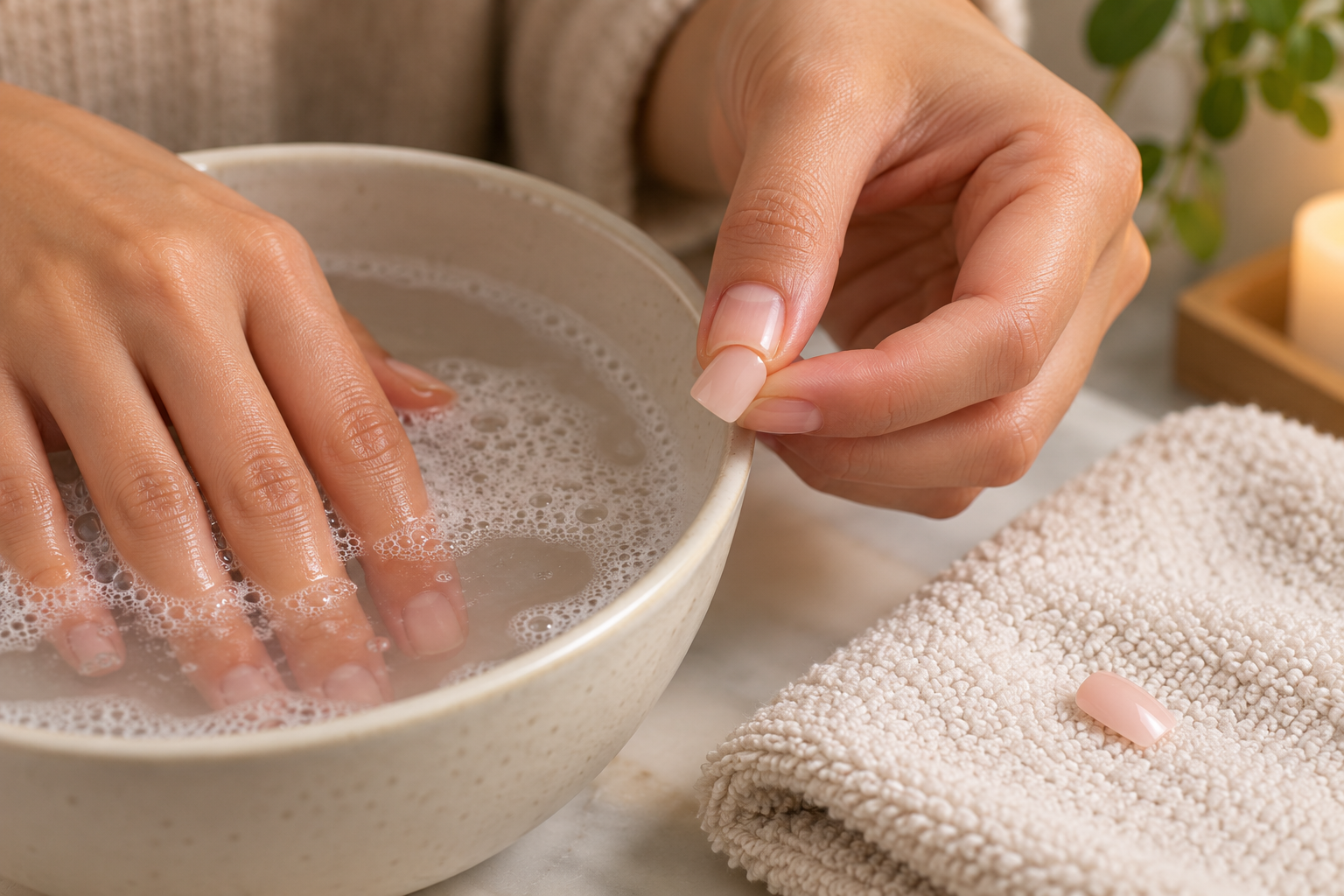 A gentle warm-water removal setup with a loosened press-on and no tools for prying.