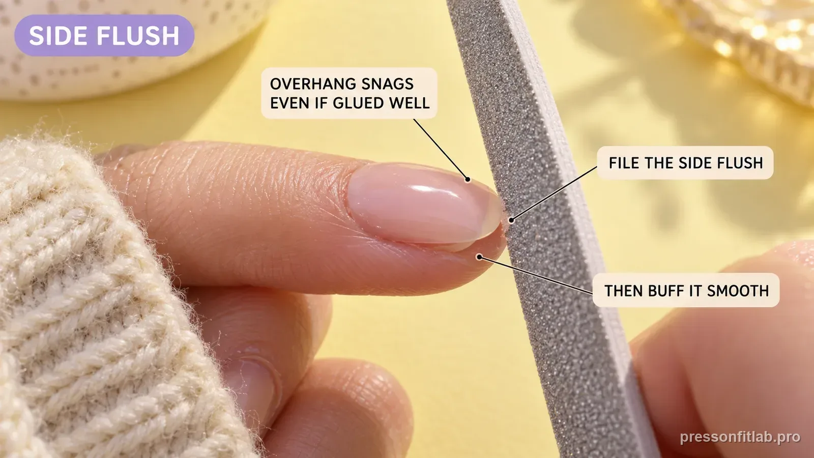 A fine file taking a small side overhang of a press-on flush with the natural nail edge with soft knit fabric nearby, labelled file the side flush then buff it smooth.