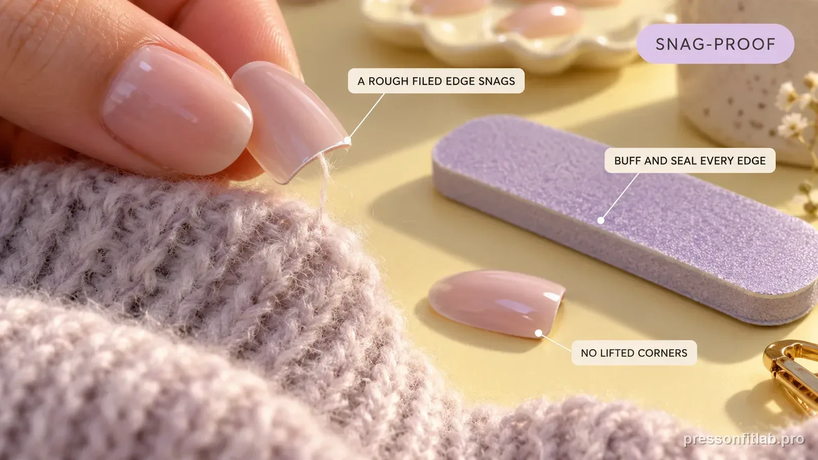 A press-on nail edge held near soft knit fabric with a single fibre starting to catch and a buffer nearby, labelled that a rough filed edge snags and to buff and seal every edge.