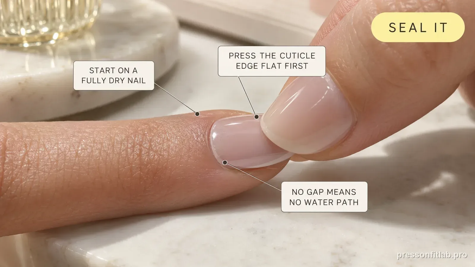 A fingertip pressing the cuticle edge of a freshly placed press-on fully down onto a dry natural nail, labelled start on a fully dry nail and press the cuticle edge flat first.