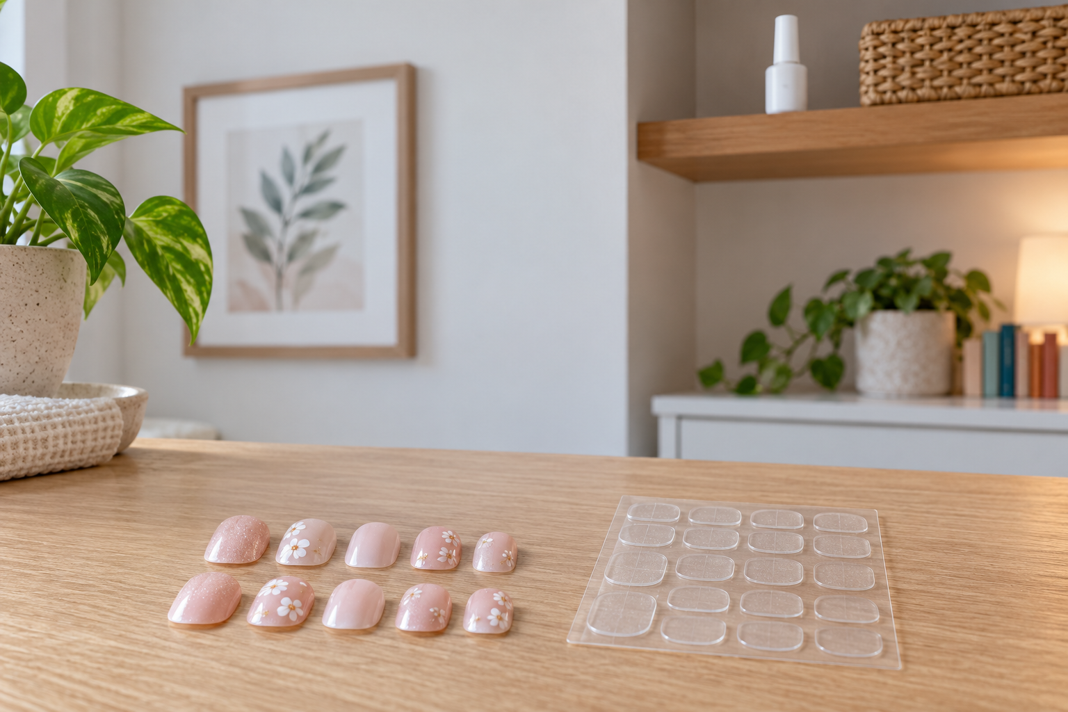 Short press-on tips and adhesive tabs arranged beside a securely stored nail-glue bottle for adult-supervised use.