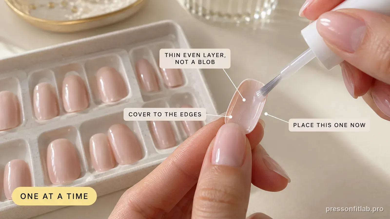A thin even layer of nail glue being spread across the underside of one press-on tip with a fine applicator while other tips wait in a tray, labelled thin even layer not a blob and place this one now.